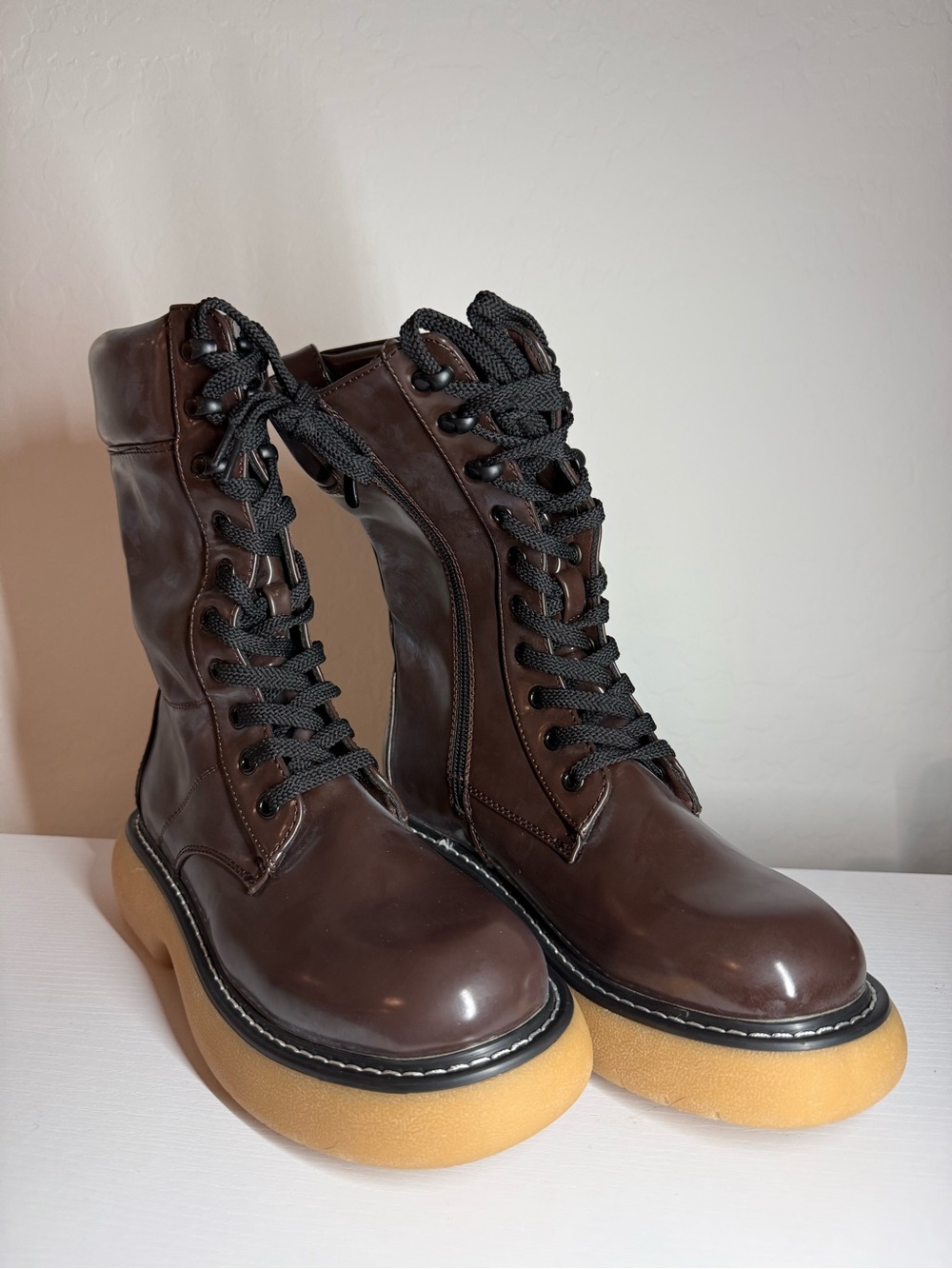 Women's Brown Lace-Up Platform Boots with Tan Crepe Sole